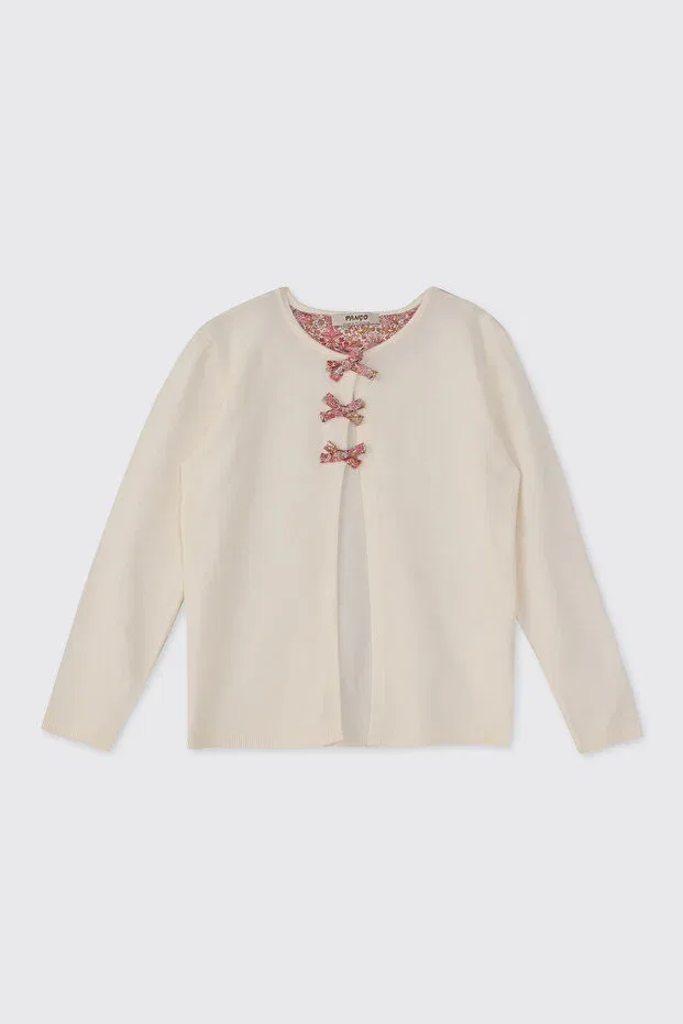 Детский кардиган для девочек с длинным рукавом Liberty Fabric Ribbon Detailed Panço, Ekru — фото 3
