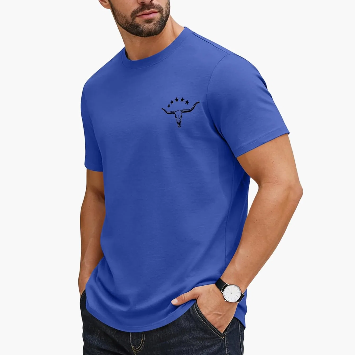 Мужская футболка с принтом черепа быка, Crewneck, Blue — фото 3