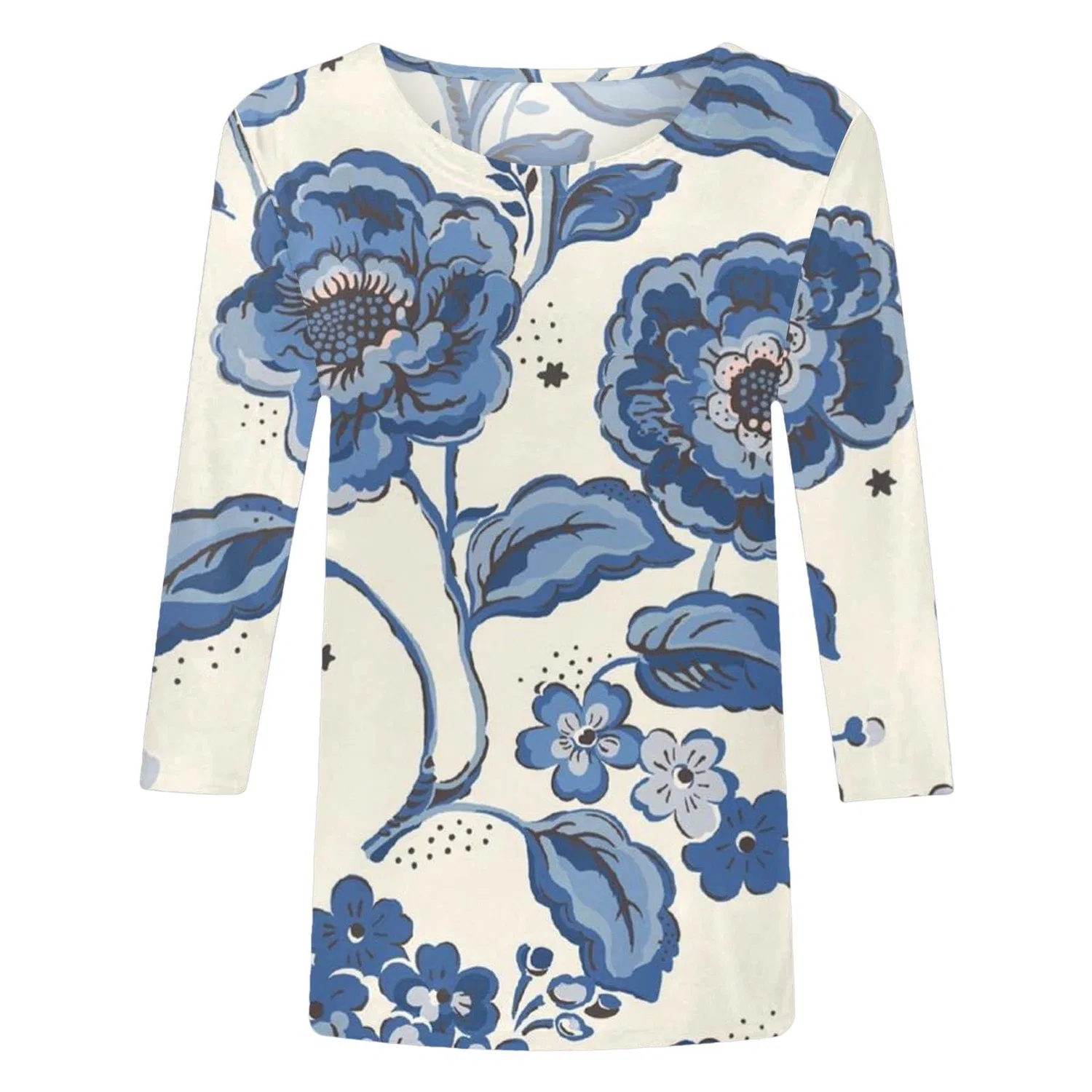 Женская футболка с цветочным принтом Floral Print Round Neck Long Sleeve Lace Top Casual Loose 3/4 Sleeve 7/4 Sleeve Jacket Beautician, Blue-6 — фото 3