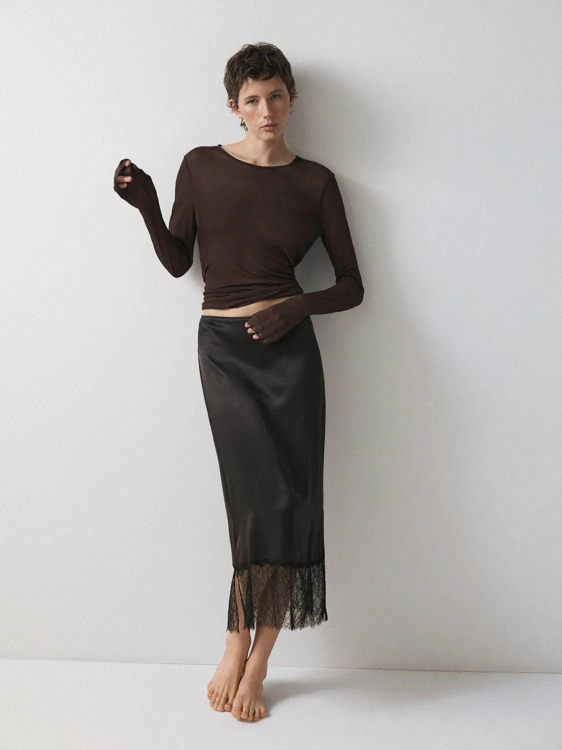 Шелковая футболка с длинными рукавами Massimo Dutti, коричневый — фото 3