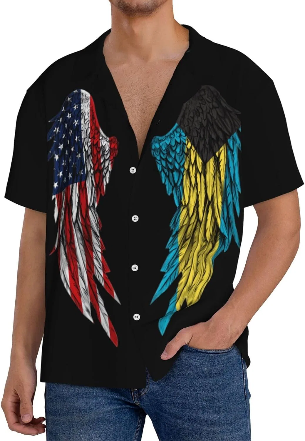 Мужская свободная рубашка с Куба воротником Wings America Bahamas Flag, Black