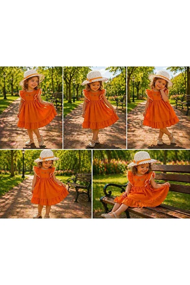Детское платье для девочек с принтом Orange Ruffled Embroidery Detailed Girls' Dress with a Hat as a Gift Kozadankids, Orange — фото 2