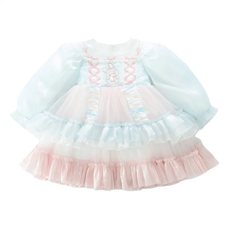 Детское платье для девочек с принтом Lanza, Pink Blue Rabbit Lolita Skirt