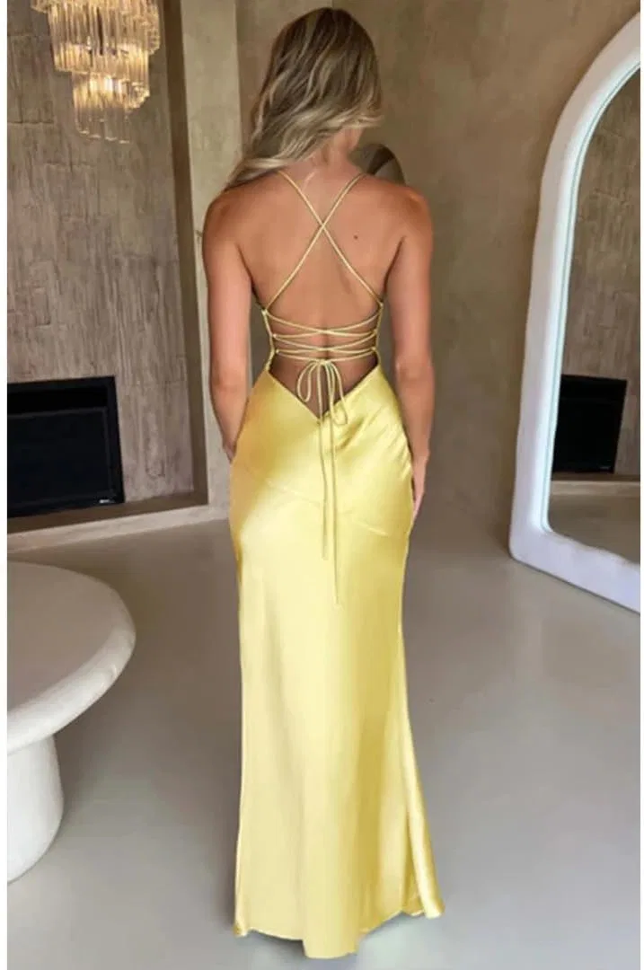 Женское атласное бинтажное платье с открытой спиной Hotsweet, Yellow — фото 2