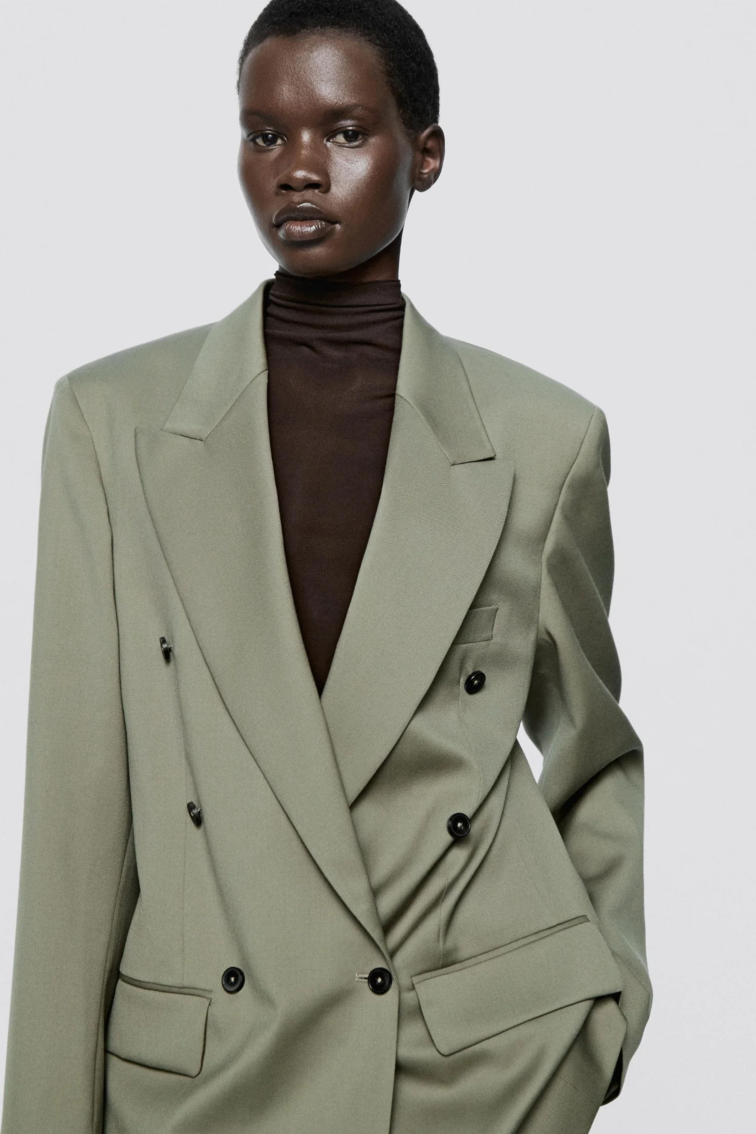 Пиджак Massimo Dutti Oversize Double-breasted Suit - Limited Edition, зелено-серый — фото 2