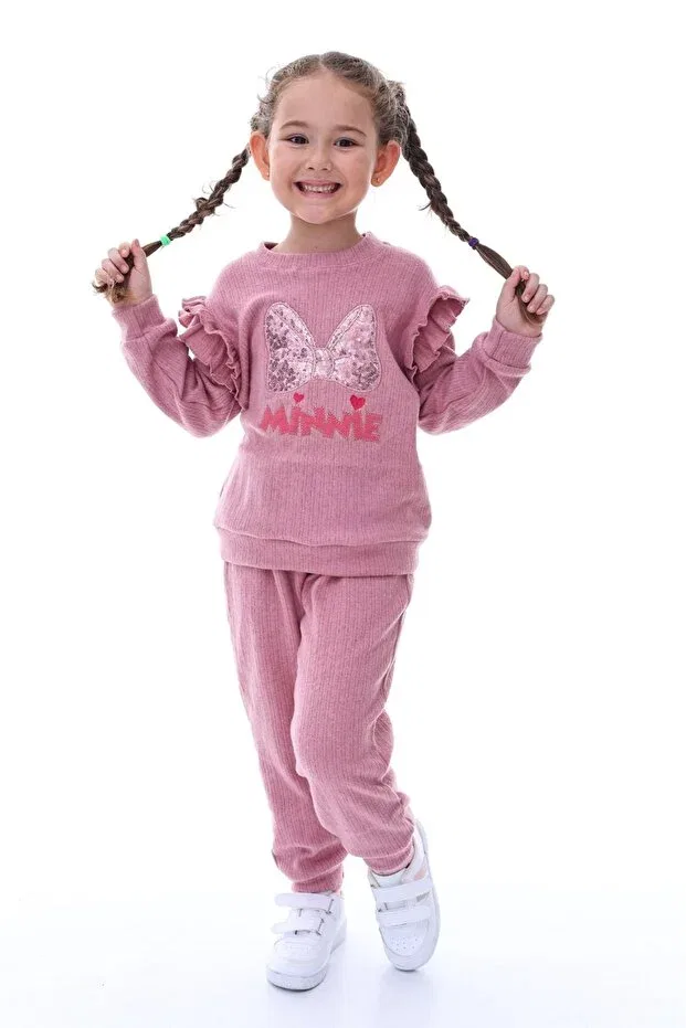 Детский комплект спортивного костюма для девочек с пайетками Sequin Embroidered Girls' Tracksuit Set Minikiss, Dried Rose