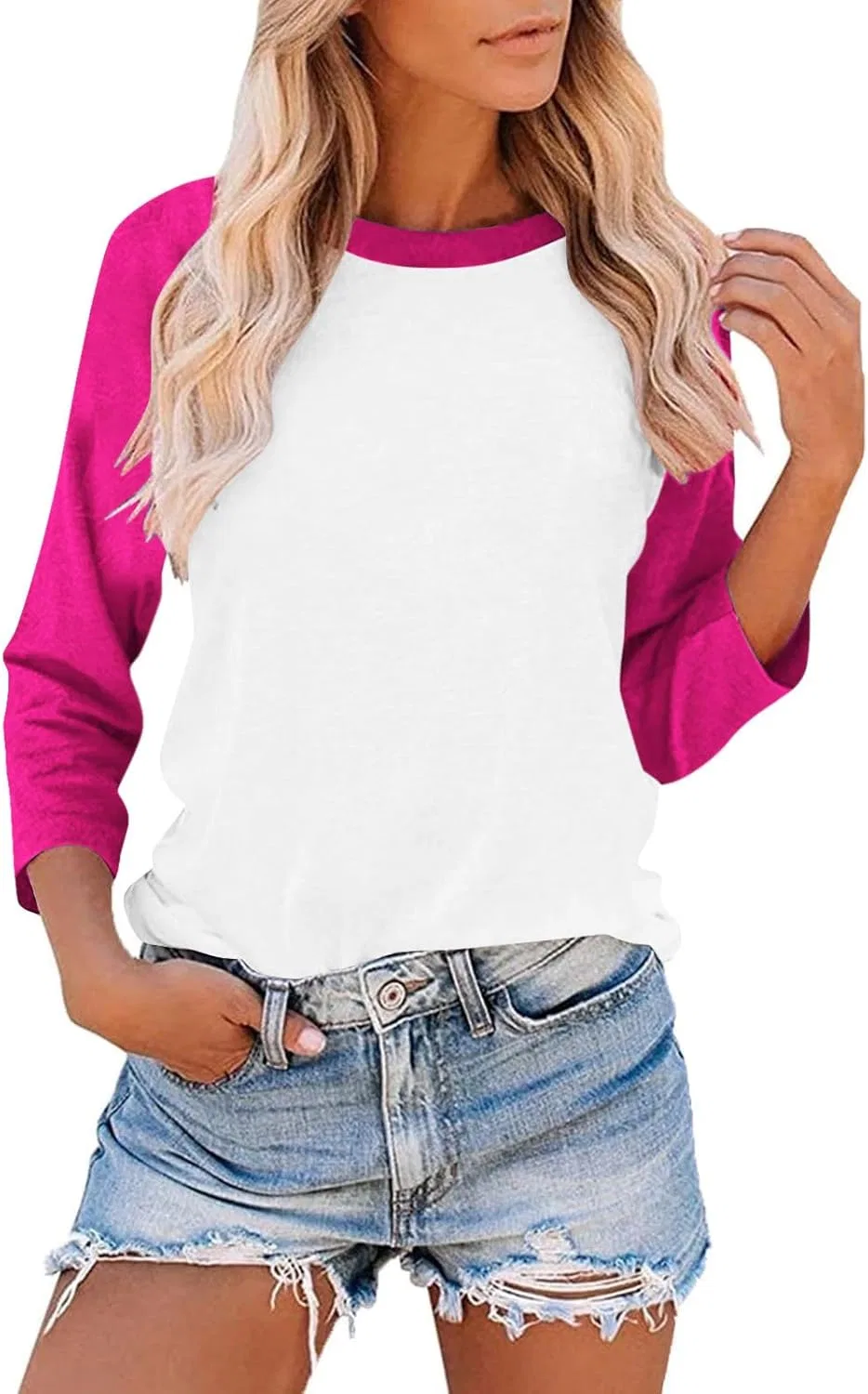 Женская футболка свободного кроя с цветовыми блоками, рукав 3/4, Hot Pink