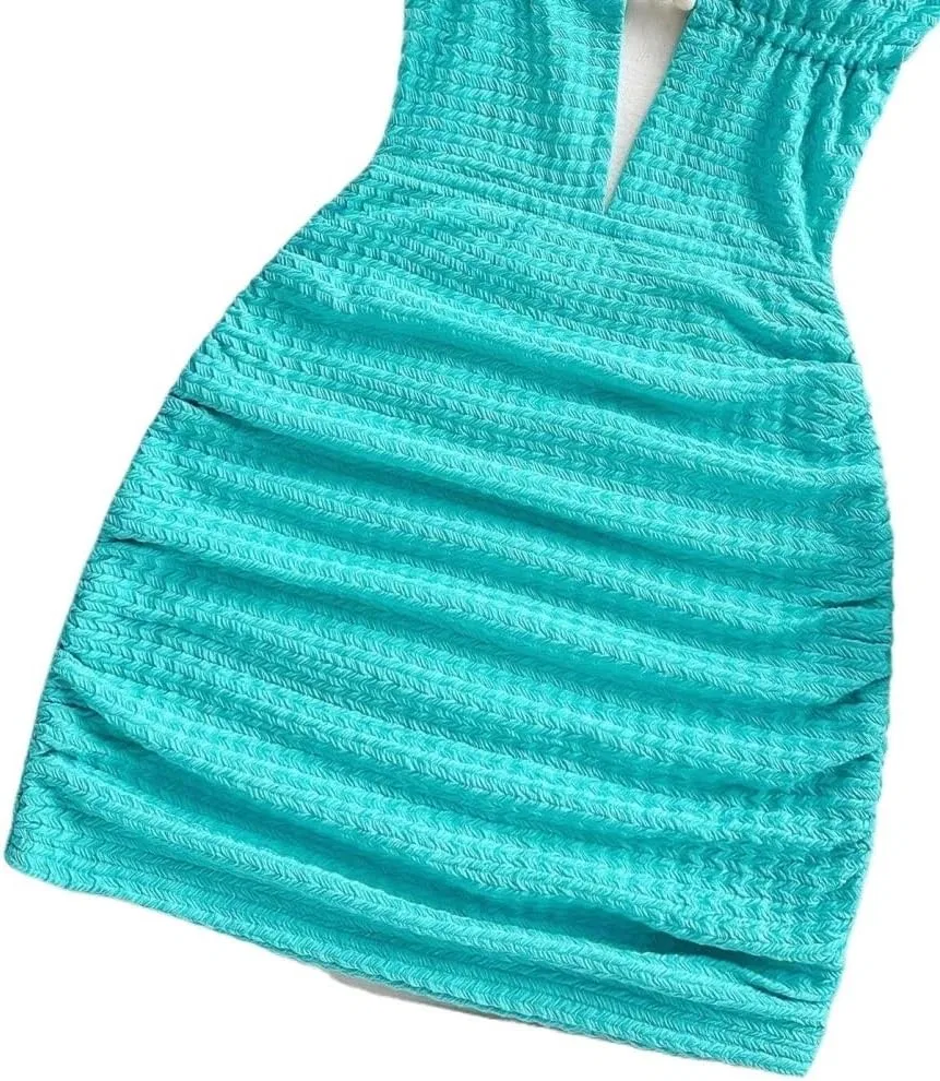 Женское мини-платье с глубоким V-вырезом на тонких бретелях Yuchenda, Teal Blue — фото 4