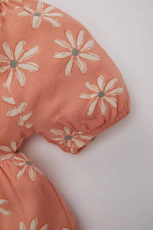Детское платье для девочек с принтом Floral Short Sleeve Crinkle Viscose Dress Defacto, Orange — фото 3