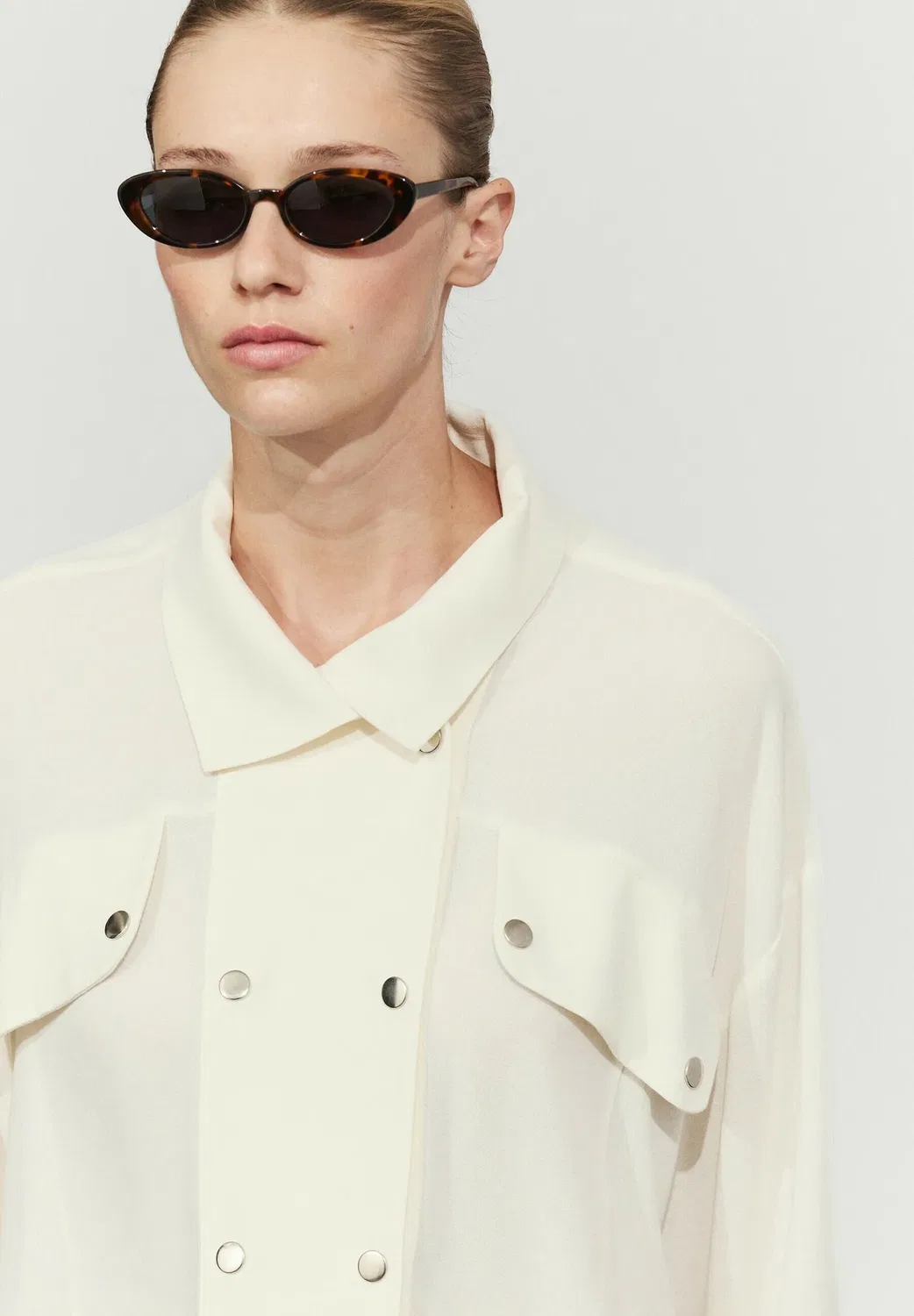 Рубашка с воротником-стойкой на кнопках - блузка на пуговицах Massimo Dutti, Sand — фото 4