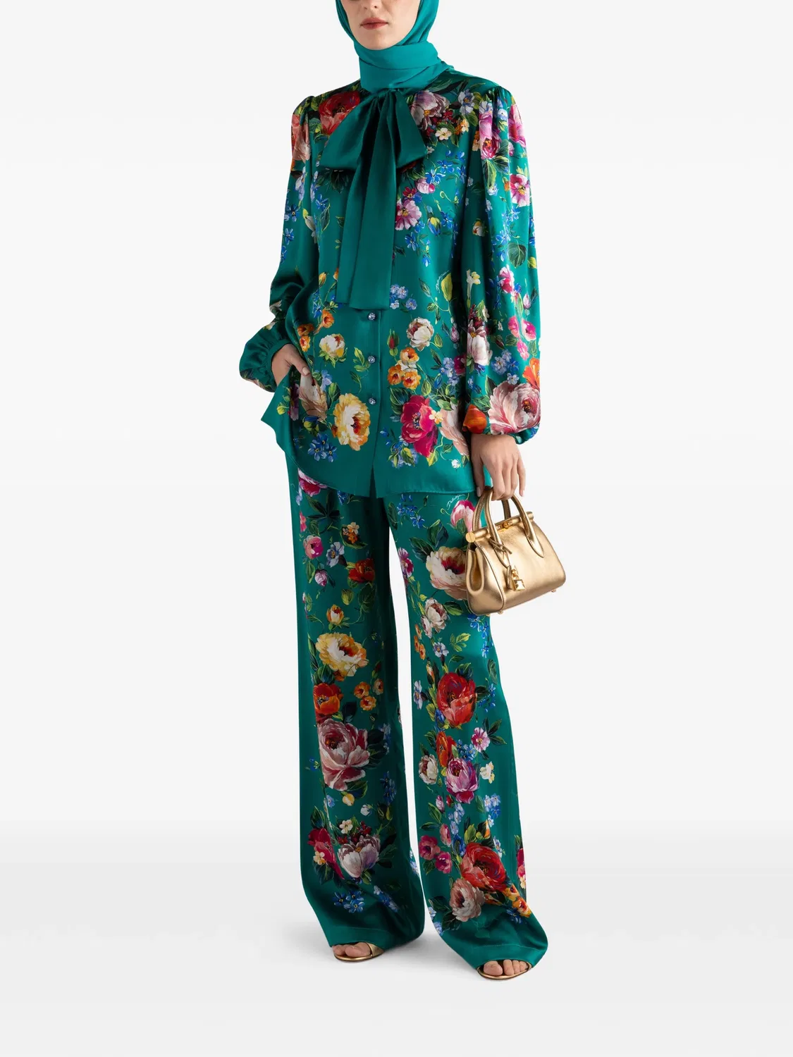 Рубашка с бантом и цветочным принтом Dolce & Gabbana, зеленый — фото 2