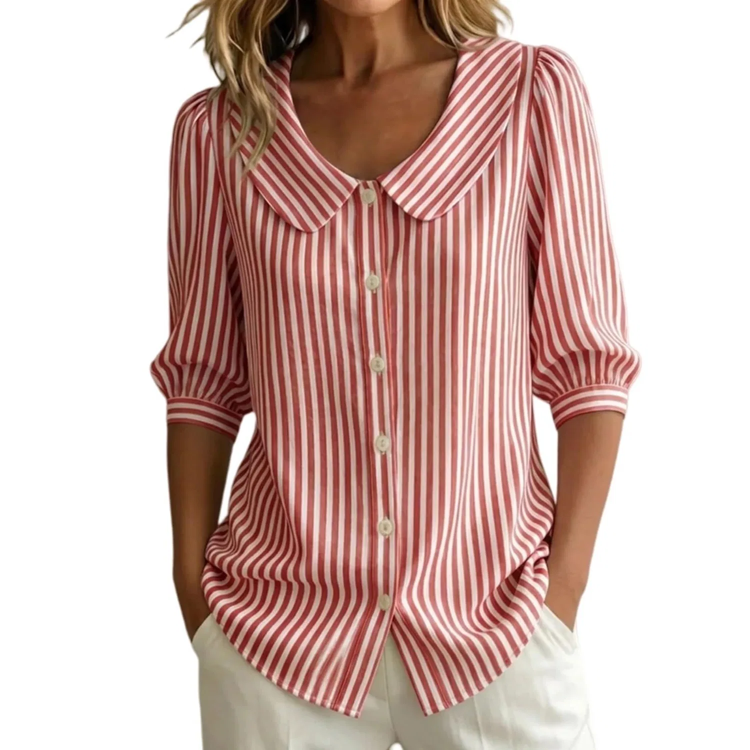 Женская блуза с коротким рукавом, Striped - Red