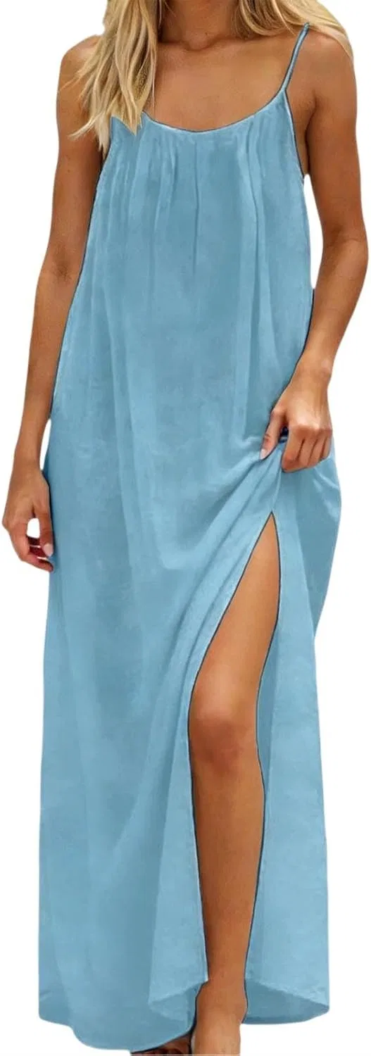 Женское летнее макси-платье на тонких бретелях с открытой спиной, Light Blue
