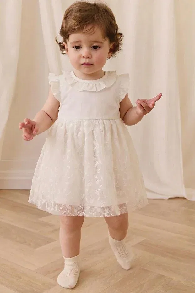 Детское платье для девочек с принтом Leaf Pattern Tulle Garnished Baby Dress Cigit, Broken White