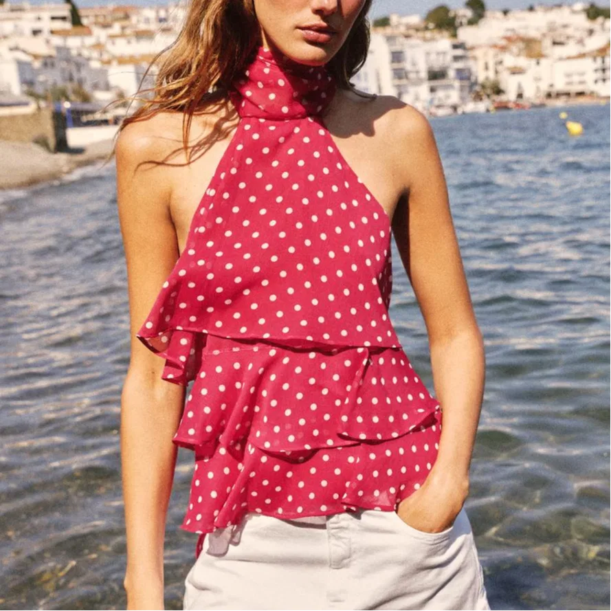 Женская майка-трапеция на тонких бретелях с V-образным вырезом ZARA, Rose Red — фото 4