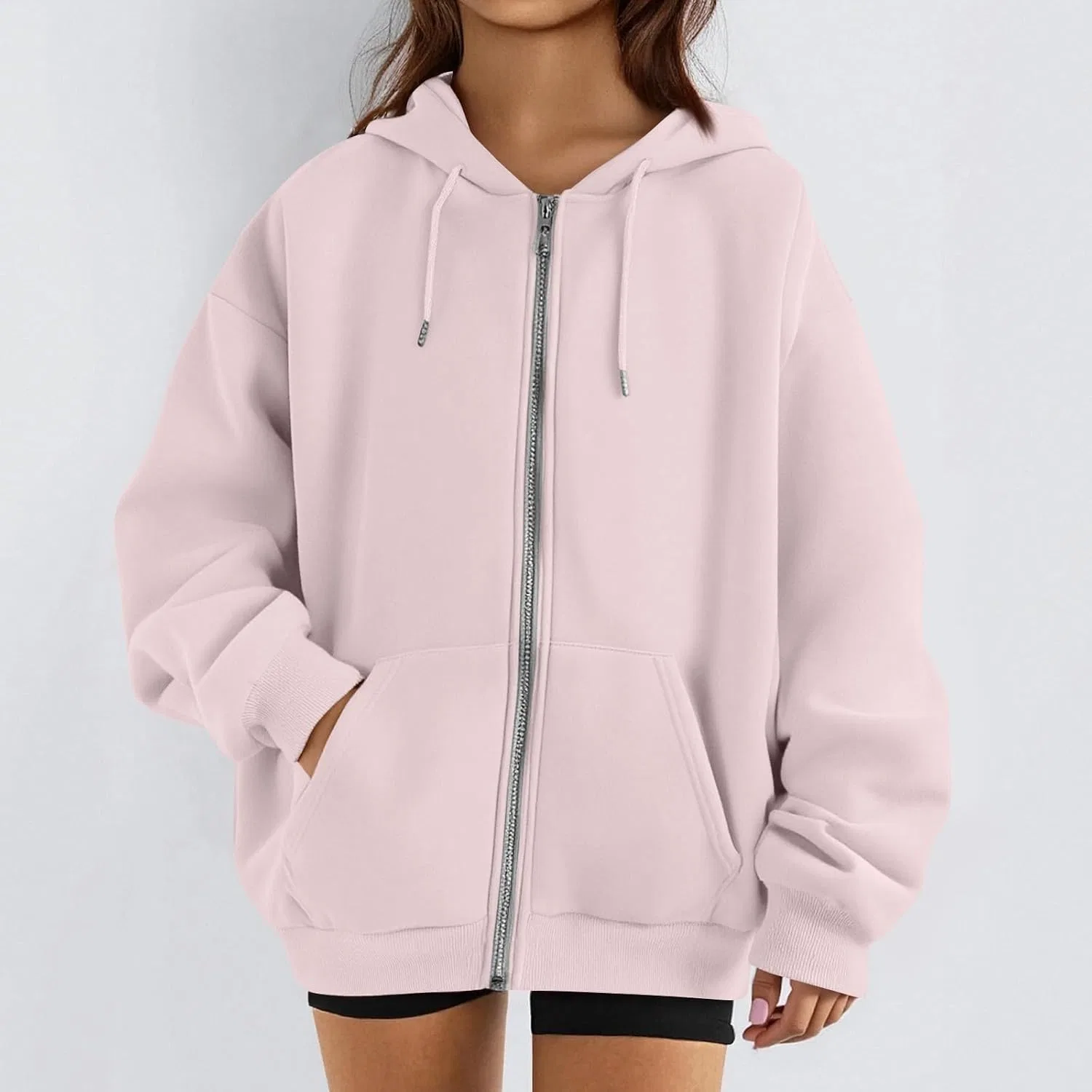 Женское худи на молнии оверсайз с капюшоном, S136-light Pink — фото 3