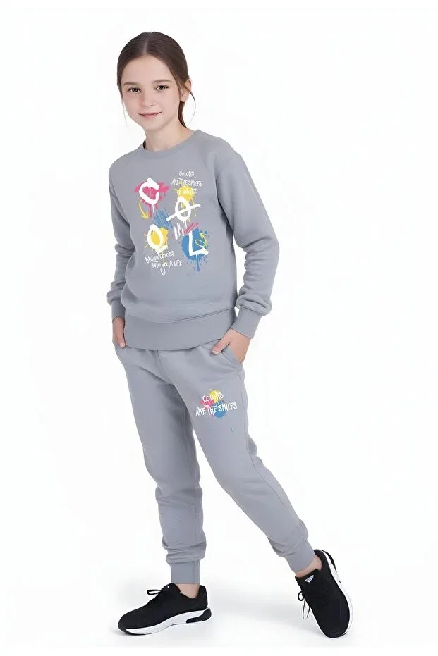 Детский спортивный комплект для девочек с принтом Fyk Kids, Black-Grey-Navy Blue — фото 2