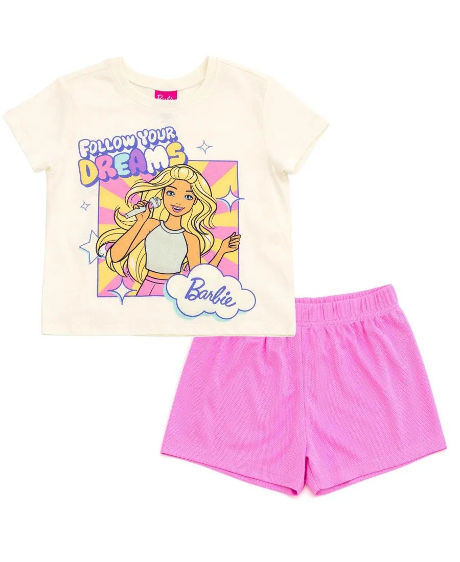 Комплект из футболки и шорт с принтом Barbie Follow Your Dreams Barbie, Off White Pink
