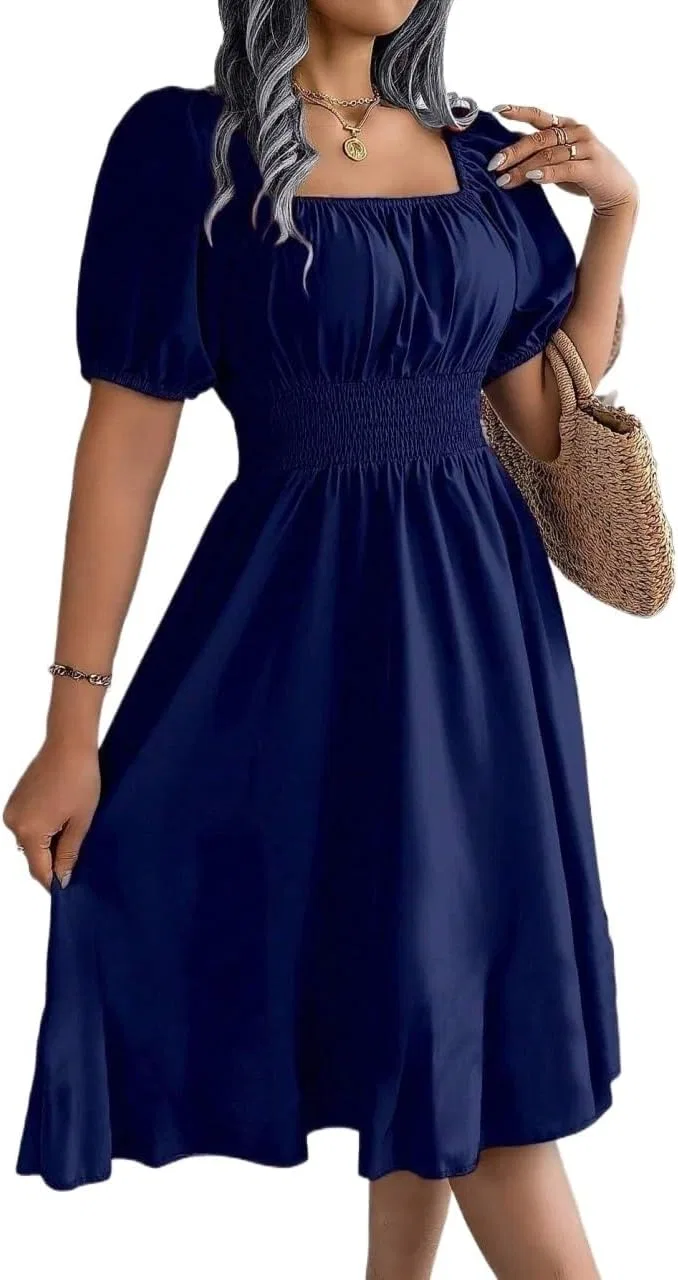 Женское платье миди с квадратным вырезом и рукавами-фонариками, Navy Blue — фото 2