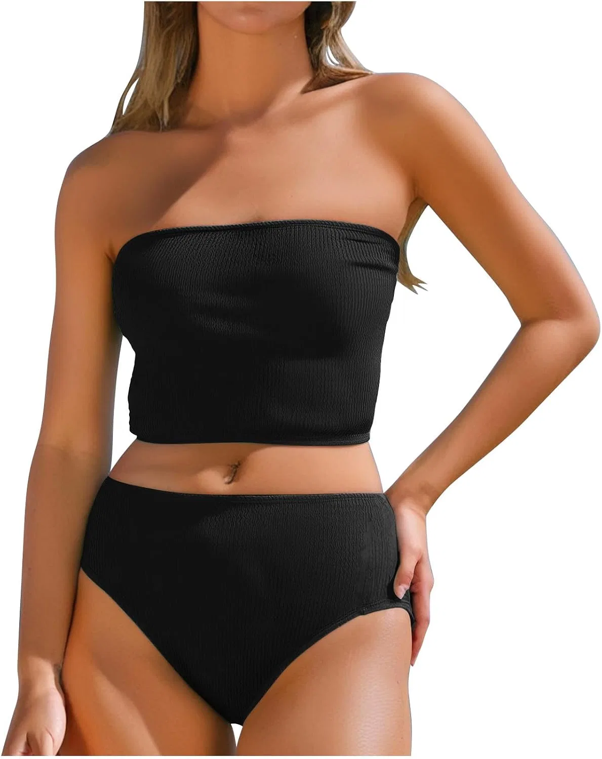 Женский бикини с высокой талией Ribbed Shoulder, Black