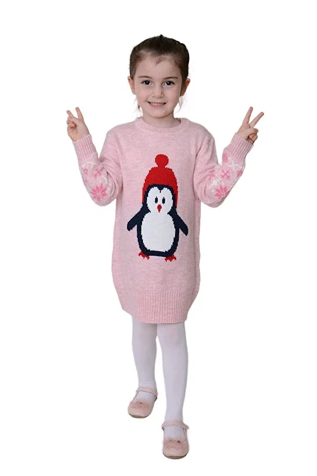 Детское платье для девочек с принтом Penguin Embroidered Beanie And Scarf 3-Piece Set Sevimli, Pink — фото 3