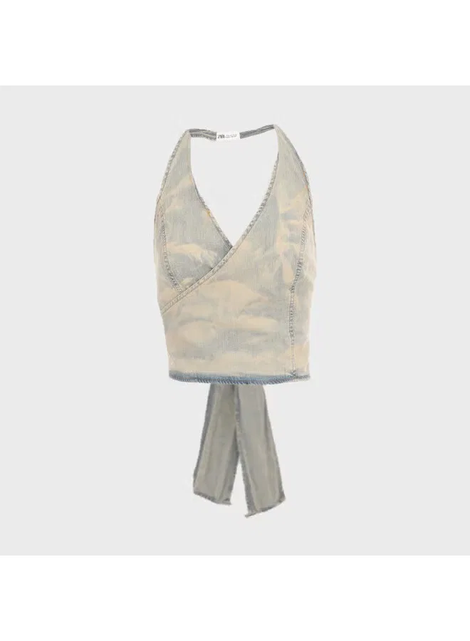 Топ с открытой спиной на завязках с эффектом тай-дай Zara, синий — фото 2