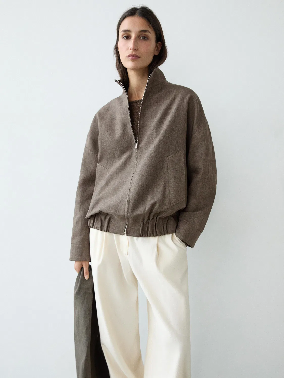 Меланжевая льняная куртка-бомбер с шарфом Massimo Dutti, Carey — фото 2