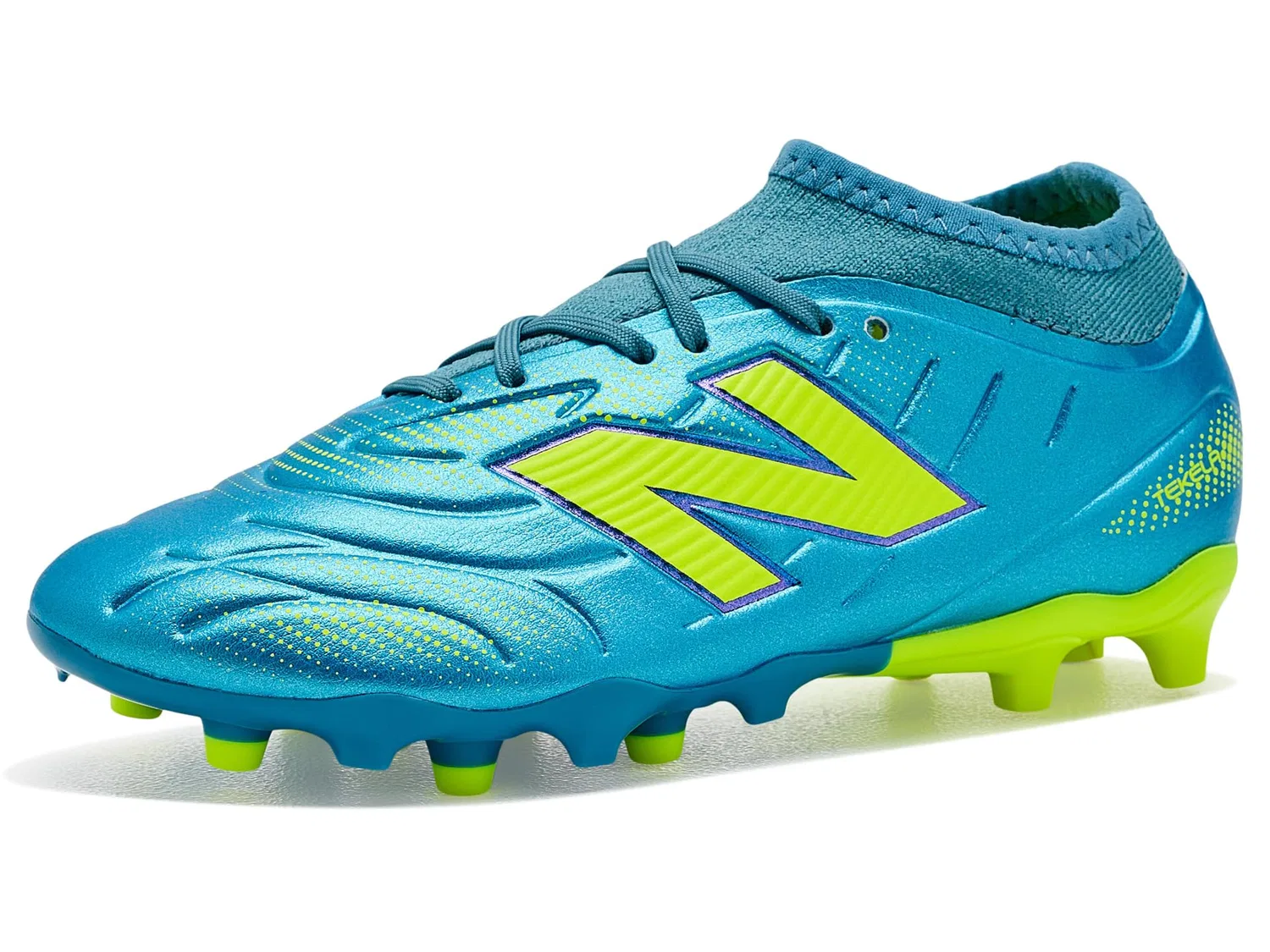 Бутсы Tekela Team Low Laced Junior Fg V5 (для маленьких и больших детей) New Balance Kids, Metallic Blue/Alkaline Green — фото 2