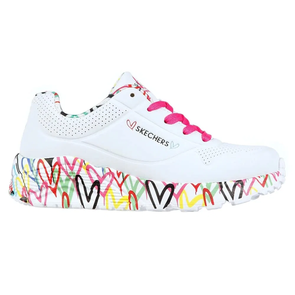 Детские кроссовки для девочек с принтом Uno Lite Lovely Luv Skechers, White Synthetic H Pink Trim — фото 3