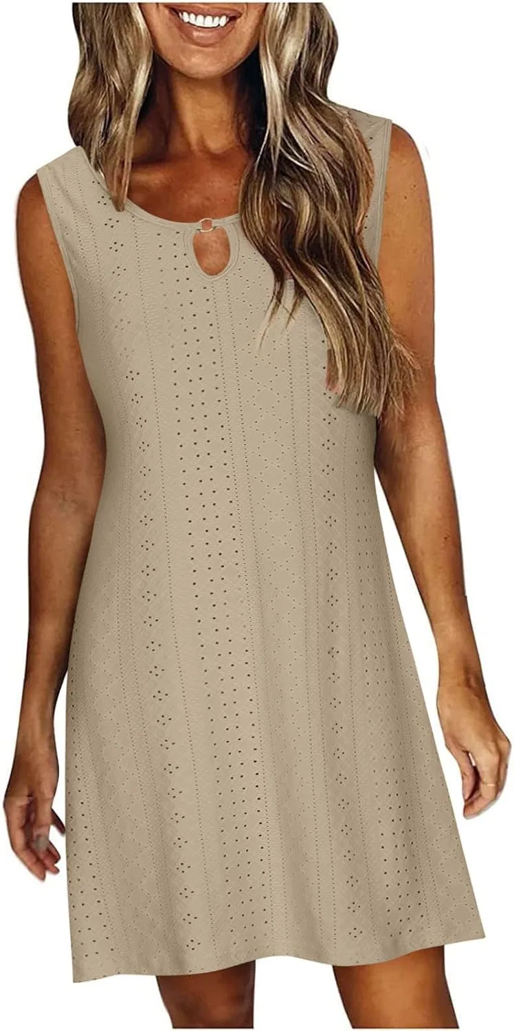 Женское летнее платье с вышивкой и вырезом, Sleeveless Mini Dress, Khaki — фото 3