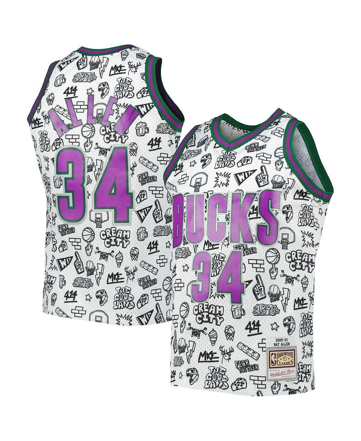 Мужская футболка ray allen white milwaukee bucks 2000-01 hardwood classics doodle swingman jersey Mitchell & Ness, белый - фото