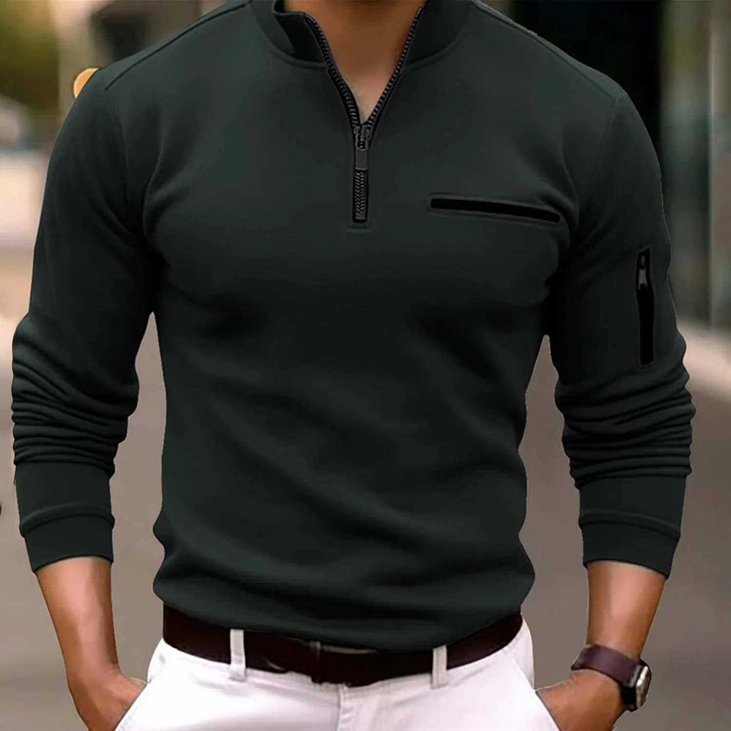 Мужская длинная футболка-поло с V-образным вырезом в полоску Slim Fit, Black — фото 2