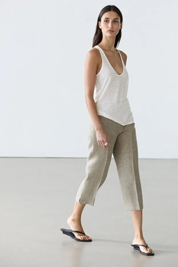 Женский топ на бретелях льняной Massimo Dutti, Broken White — фото 3