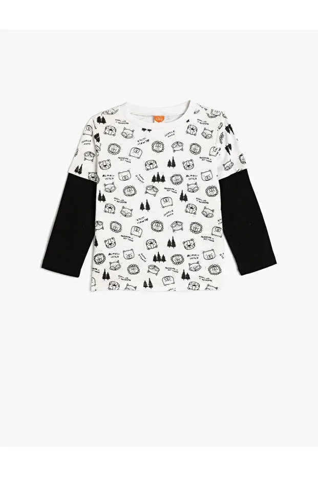 Детская футболка с принтом Long Sleeve Crew Neck Animals Printed Cotton Koton, Ecru Patterned