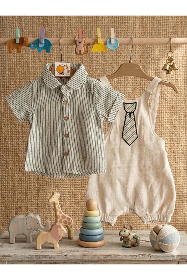Детский комплект из футболки и комбинезона с коротким рукавом Balımbebe, Khaki — фото 2