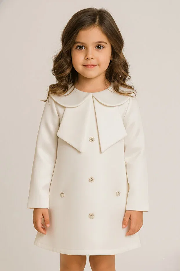 Детское платье для девочек с длинным рукавом Pearl Embroidered Girls' Dress Melek Golden, Ecru