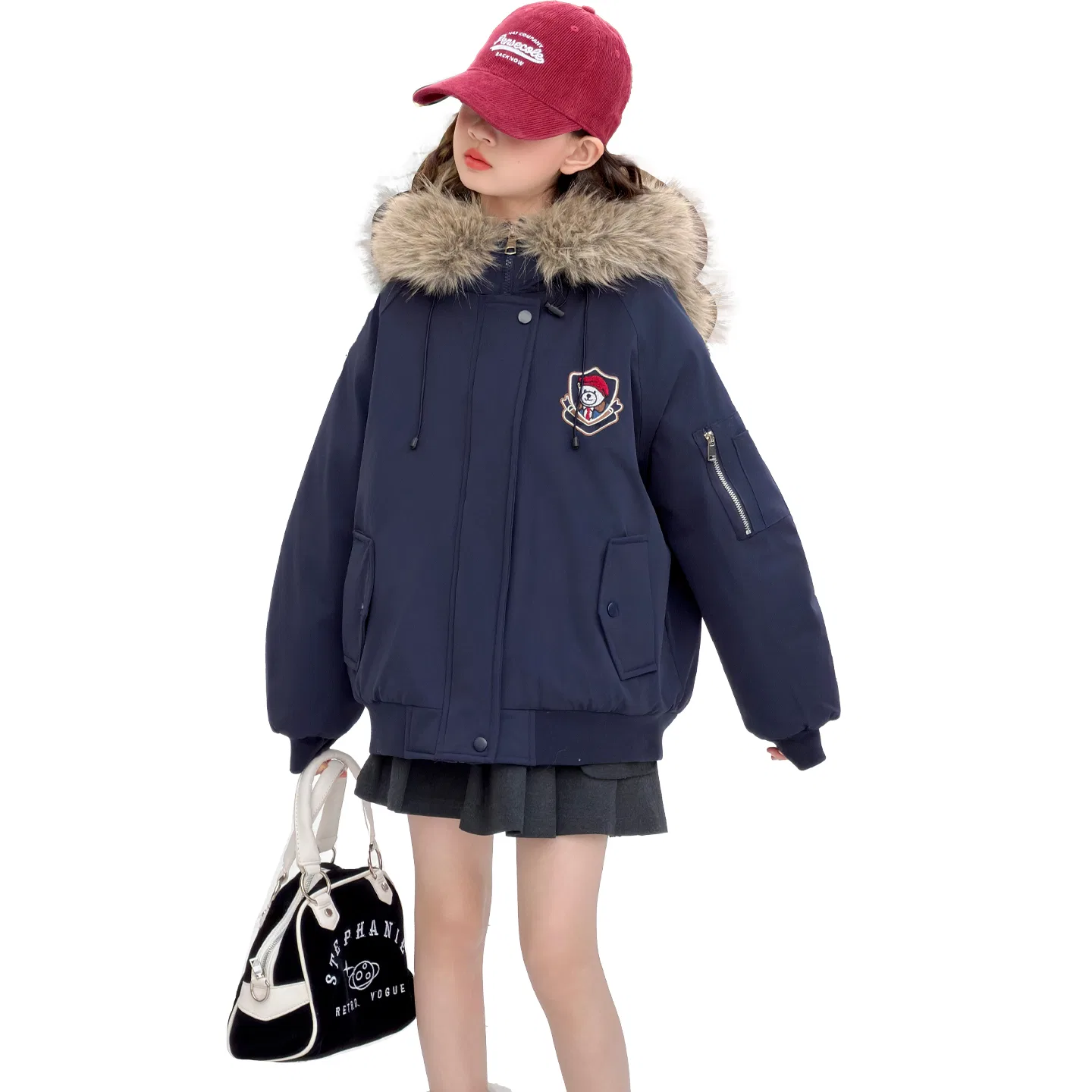 Детское пальто-парка с меховым воротником Navy Blue PLANDOO