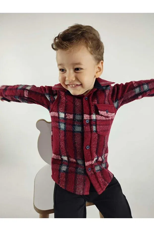 Детская рубашка для мальчиков с длинным рукавом Classic Long Sleeve Relaxed Fit Single Pocket Striped Winter Boy Lumberjack Shirt Gamzeakkuş, Red — фото 3