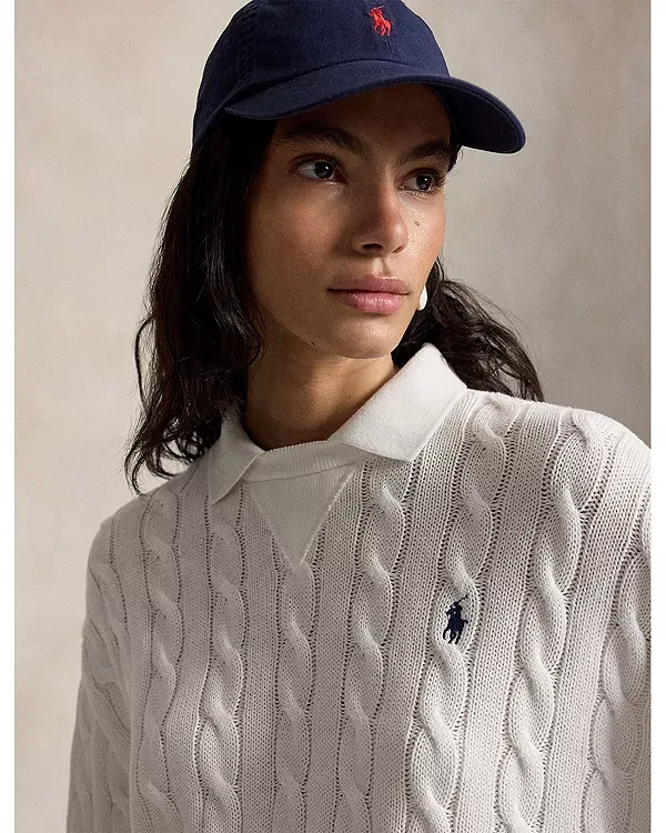 Женский свитер с воротником-поло из хлопка Cable Knit Cotton Polo Collar Sweater Ralph Lauren, белый — фото 4