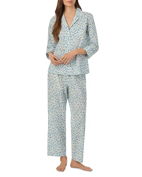 Женский комплект пижамы с принтом 3/4 Classic Lawn Notch Collar Ankle Pant Pajama Set Ralph Lauren, Ivry Blue