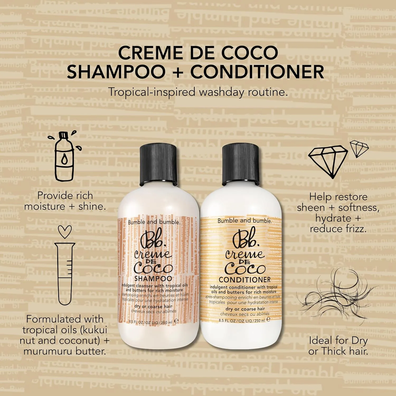 Bumble and bumble Creme De Coco шампунь и кондиционер набор для сухих волос средней и большой толщины 1000 мл Bumble And Bumble. — фото 4