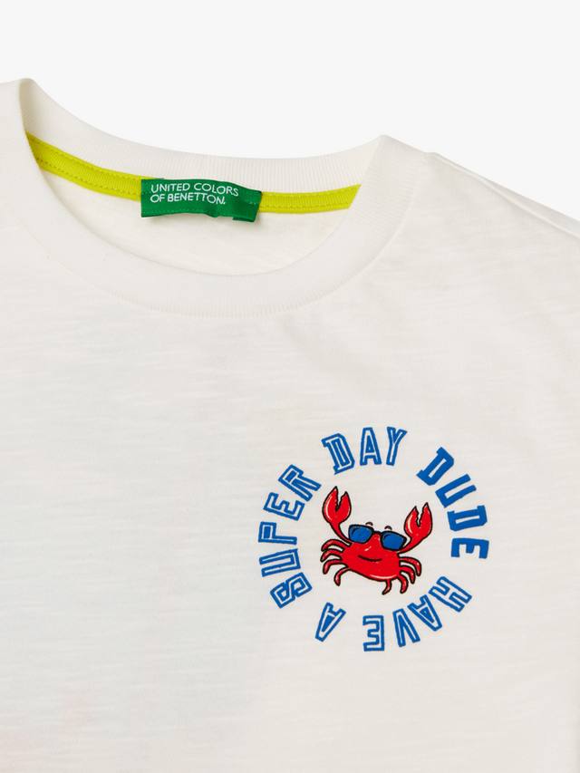 Детская футболка с принтом из хлопка Benetton, Offwhite — фото 3