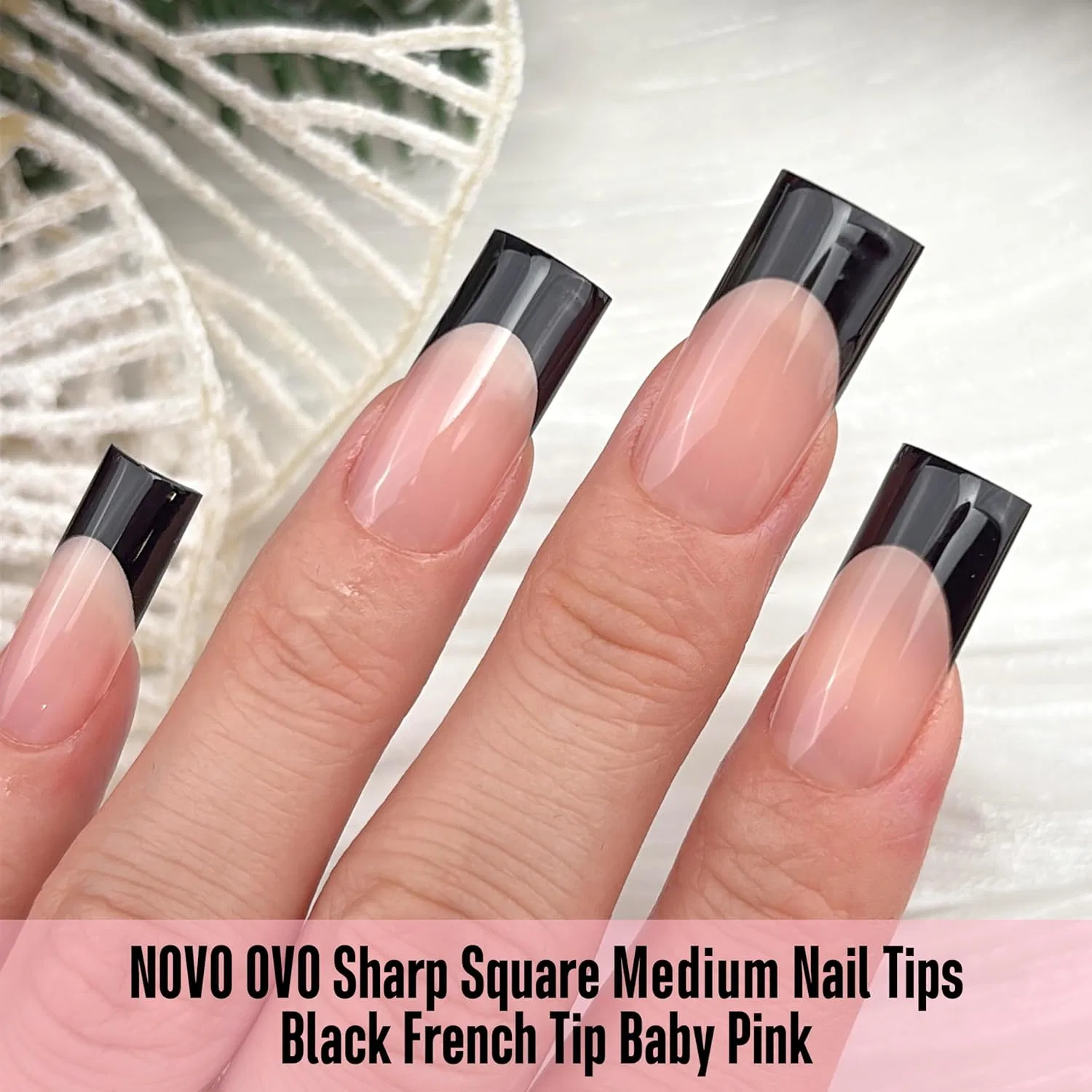 Накладные ногти «Black French Tip» от NOVO OVO Novo Ovo, Meidum Sharp Square Black French Tip Nail Tips Baby Pink 180_Eu — фото 3