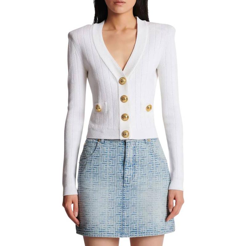 Кардиган с V-образным вырезом из ажурной вязки BALMAIN, белый — фото 3