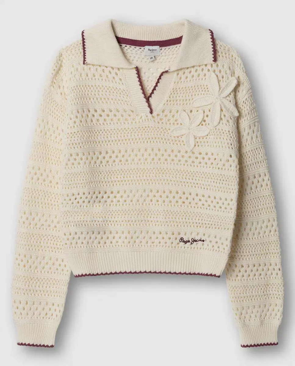 Детский ажурный джемпер с вышивкой Faith Pepe Jeans, кремовый