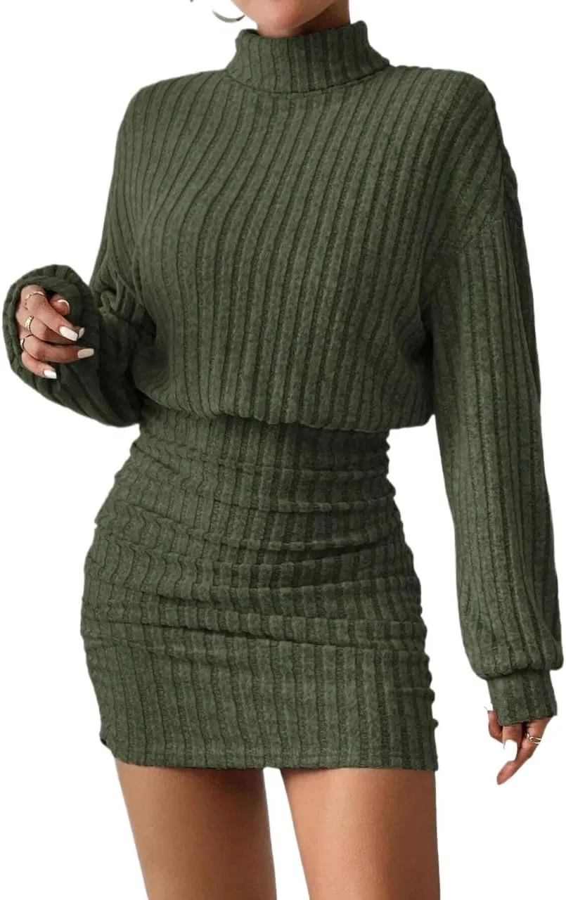 Женское мини-платье с воротником-стойкой и рукавами-кимоно, Dark Green