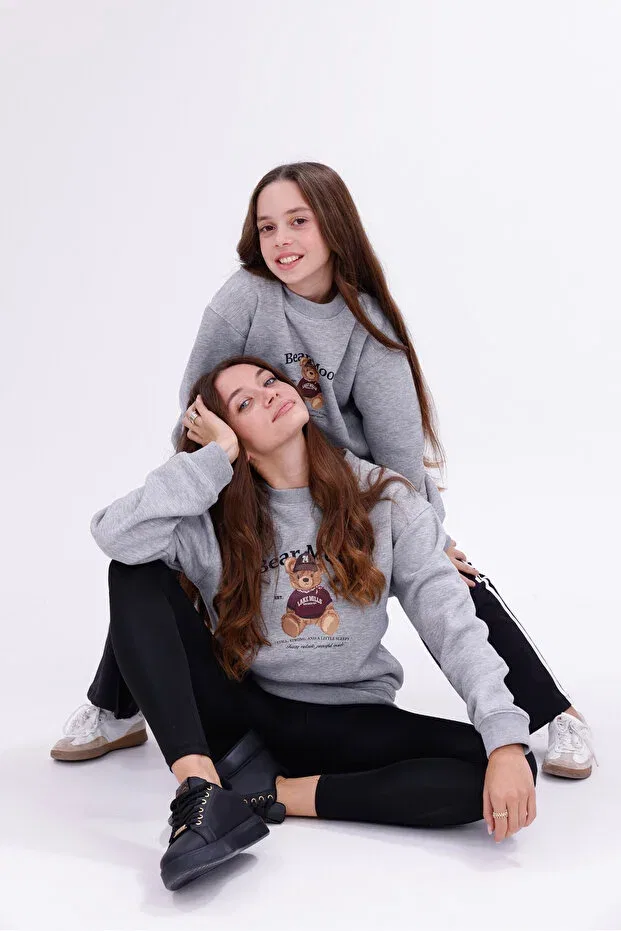 Детское для девочек свитшот с принтом Tedy printed mother child sweatshirt Eylül Elif Butik, Gray — фото 2