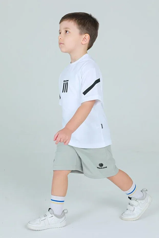 Детский спортивный костюм для девочек с принтом Unisex Cycling Neck Stripe Print Detail Tshirt Adjustable Waist Elastic Tracksuit Suit Black One, White-Gray — фото 2