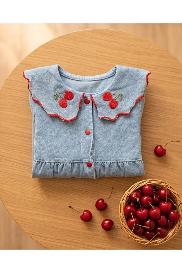 Детское платье для девочек джинсовое с вышивкой вишни Baby Buu, Blue — фото 4