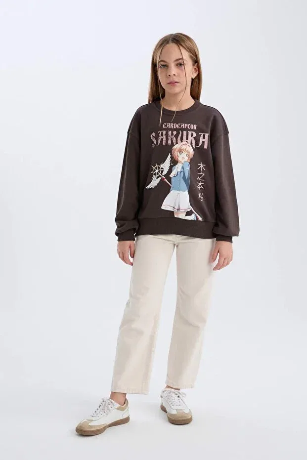 Детские свитшот для девочек оверсайз с принтом Sakura Oversize Wide Fit Crew Neck Defacto, Anthracite-Ar227 — фото 2